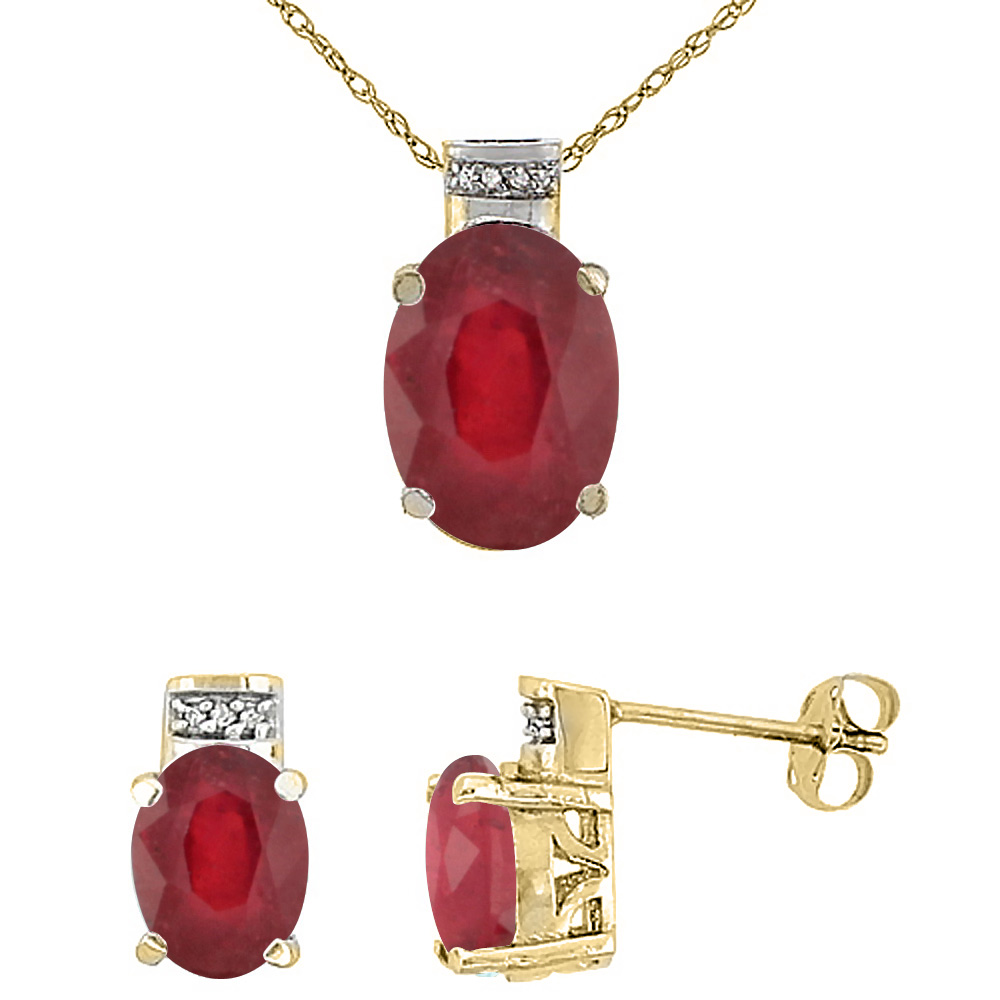 10K Yellow Gold Diamond Enhanced Genuine Ruby Earrings 8x6mm & Pendant 14x10mm Set Oval