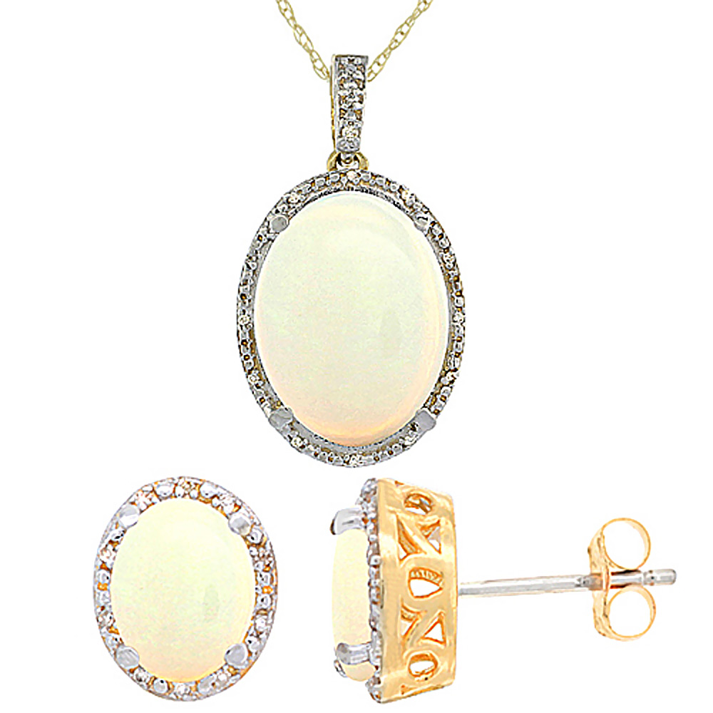 10K Yellow Gold Diamond Natural Oval Opal Earrings & Pendant Set