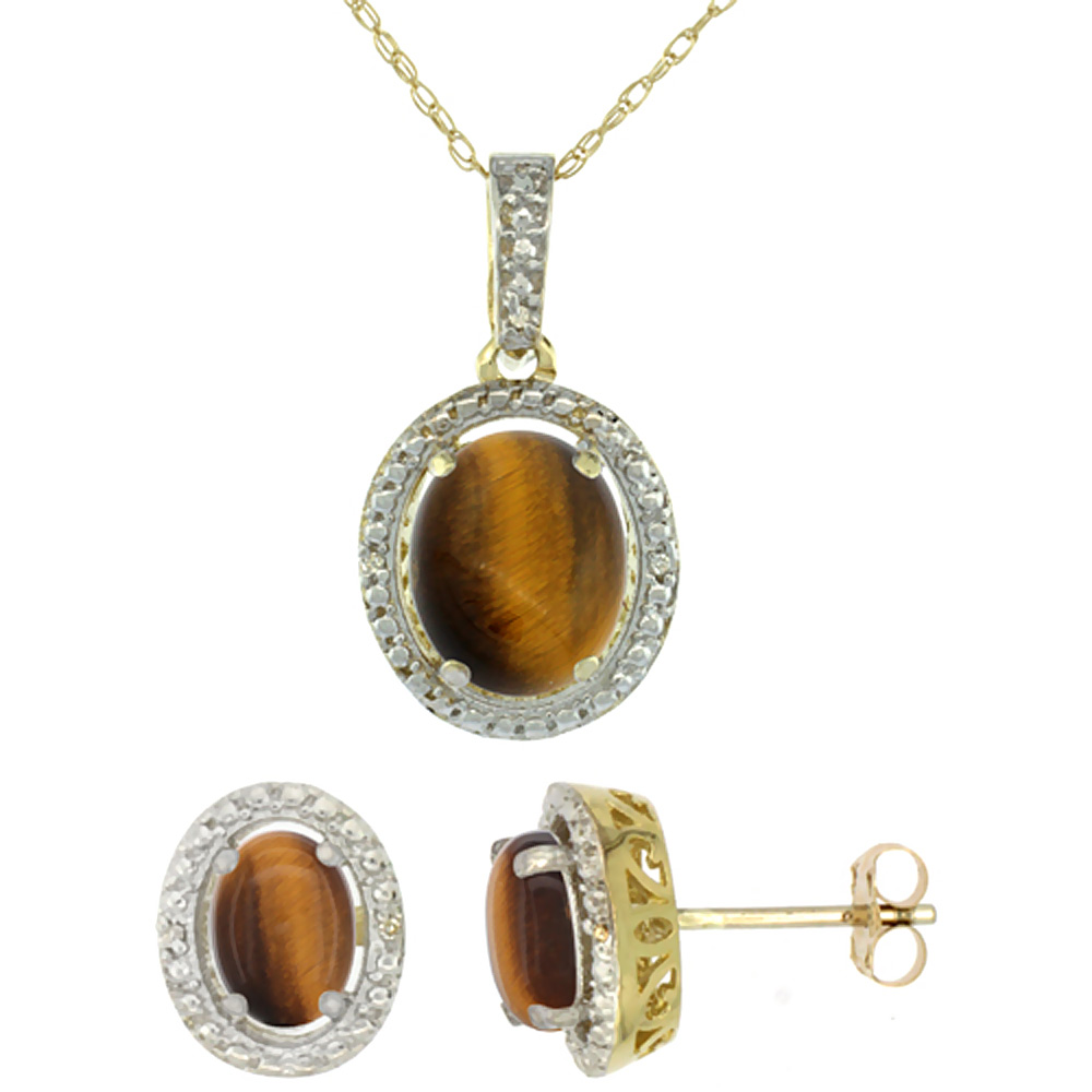 10K Yellow Gold Diamond Natural Tiger Eye Oval Earrings & Pendant Set