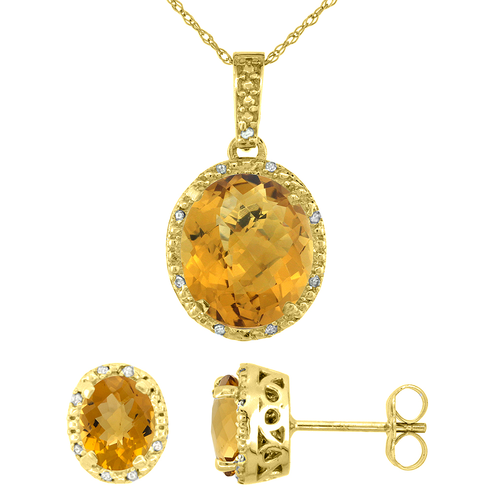 10K Yellow Gold Diamond Halo Natural Whisky Quartz Earrings Necklace Set Oval 7x5mm & 12x10mm, 18 inch