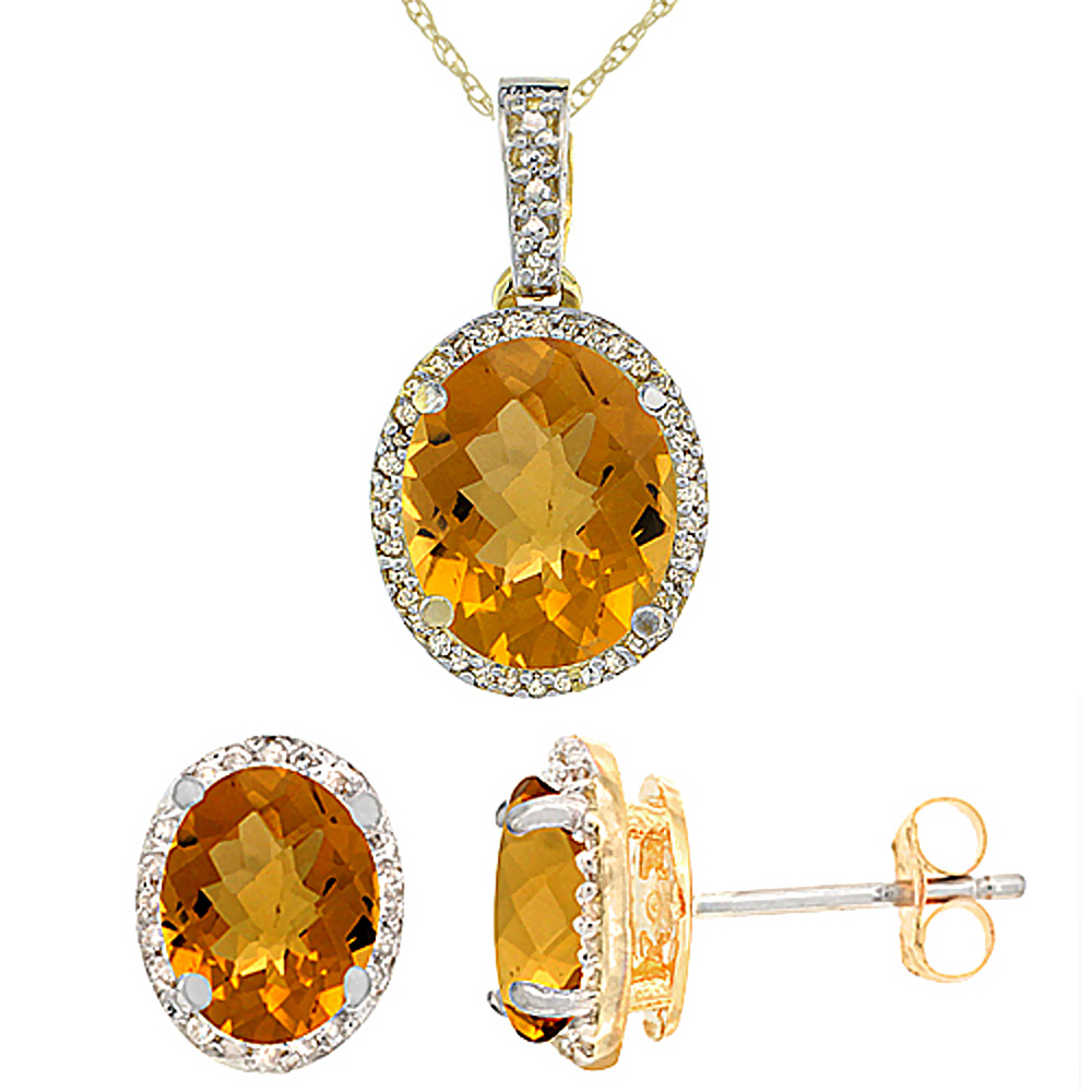 10K Yellow Gold Diamond Natural Whisky Quartz Oval Earrings & Pendant Set