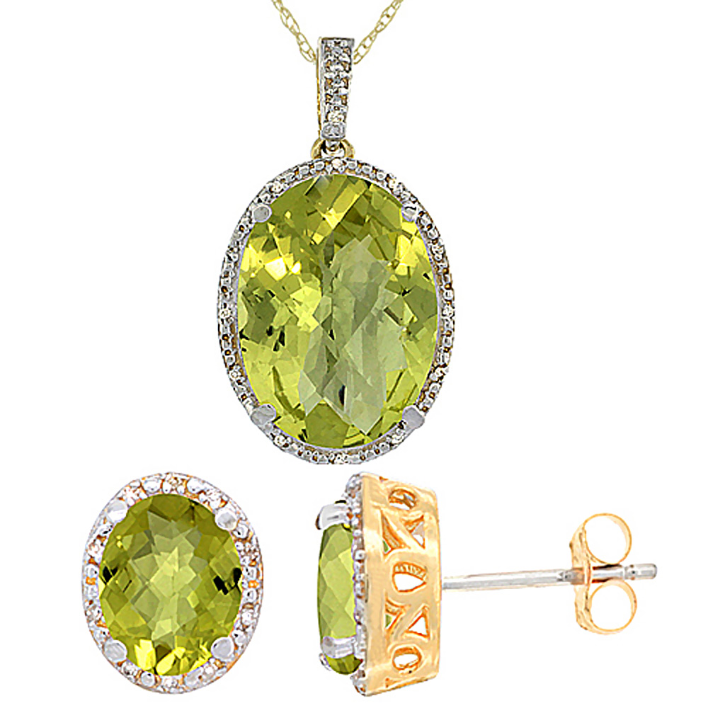 10K Yellow Gold Diamond Natural Oval Lemon Quartz Earrings & Pendant Set