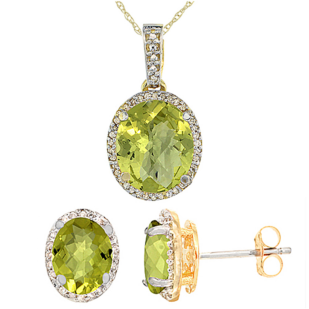 10K Yellow Gold Diamond Natural Lemon Quartz Oval Earrings & Pendant Set