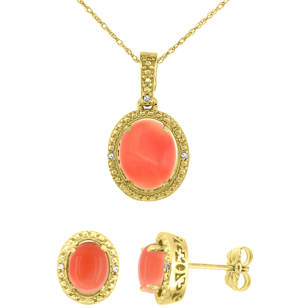10K Yellow Gold Diamond Natural Coral Oval Earrings & Pendant Set