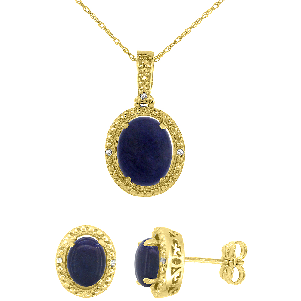 10K Yellow Gold Diamond Natural Lapis Oval Earrings & Pendant Set