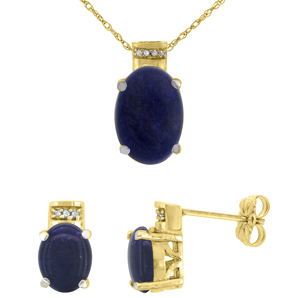 10K Yellow Gold Diamond Natural Oval Lapis Earrings & Pendant Set