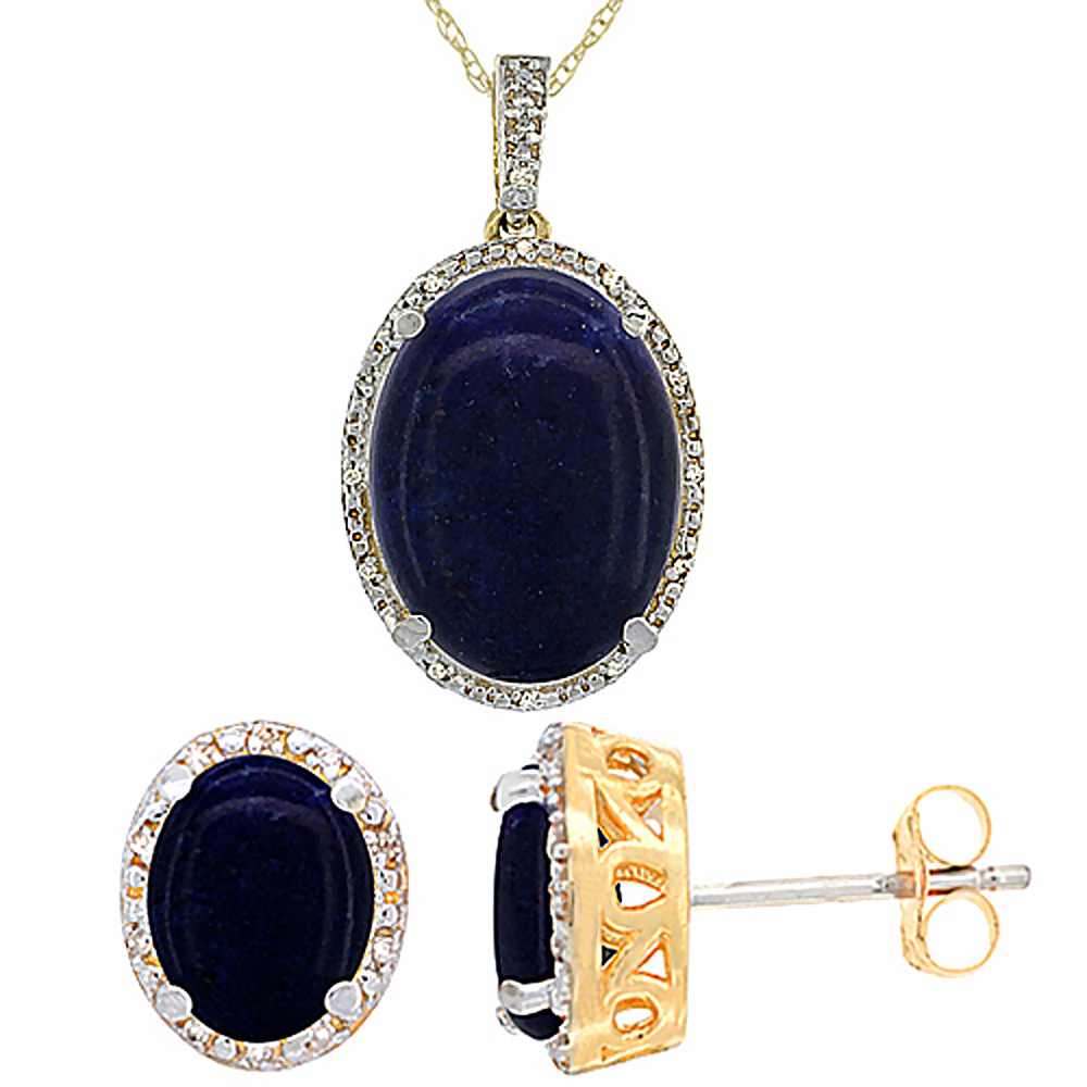 10K Yellow Gold Diamond Natural Oval Lapis Earrings & Pendant Set