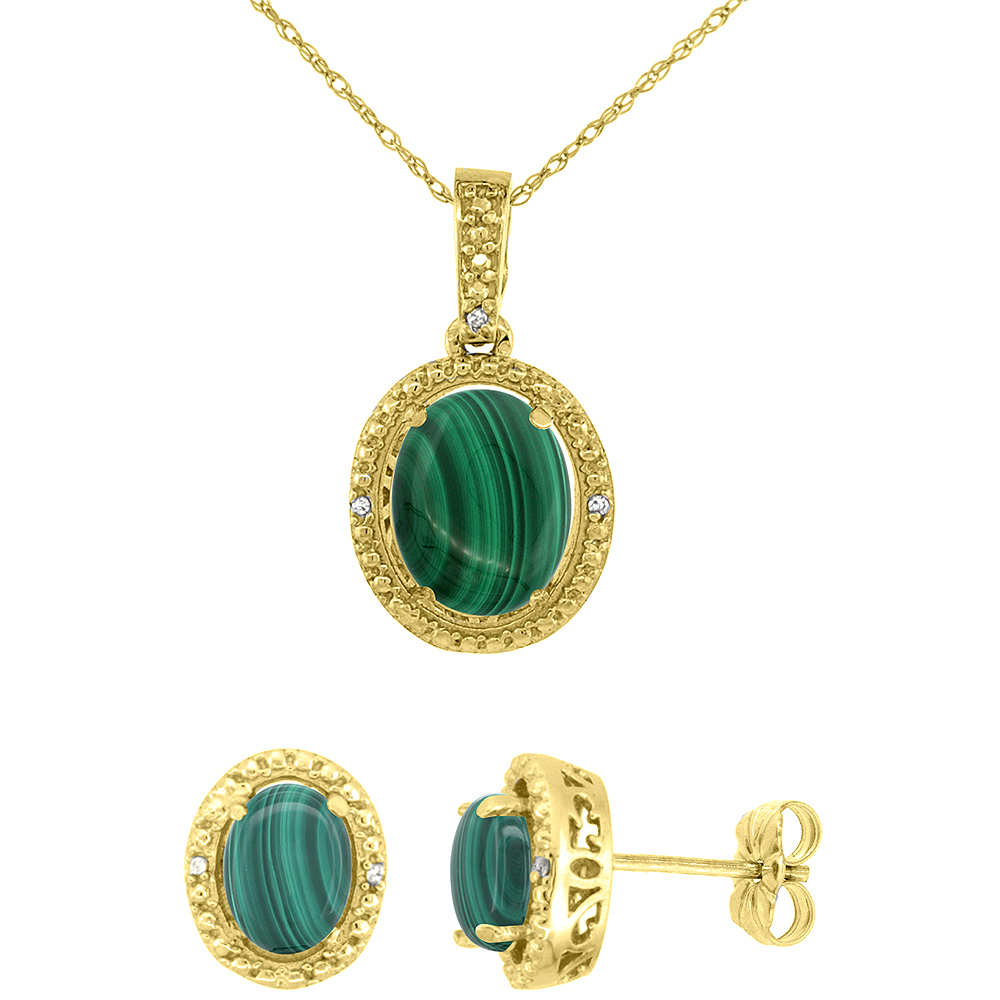 10K Yellow Gold Diamond Natural Malachite Oval Earrings & Pendant Set