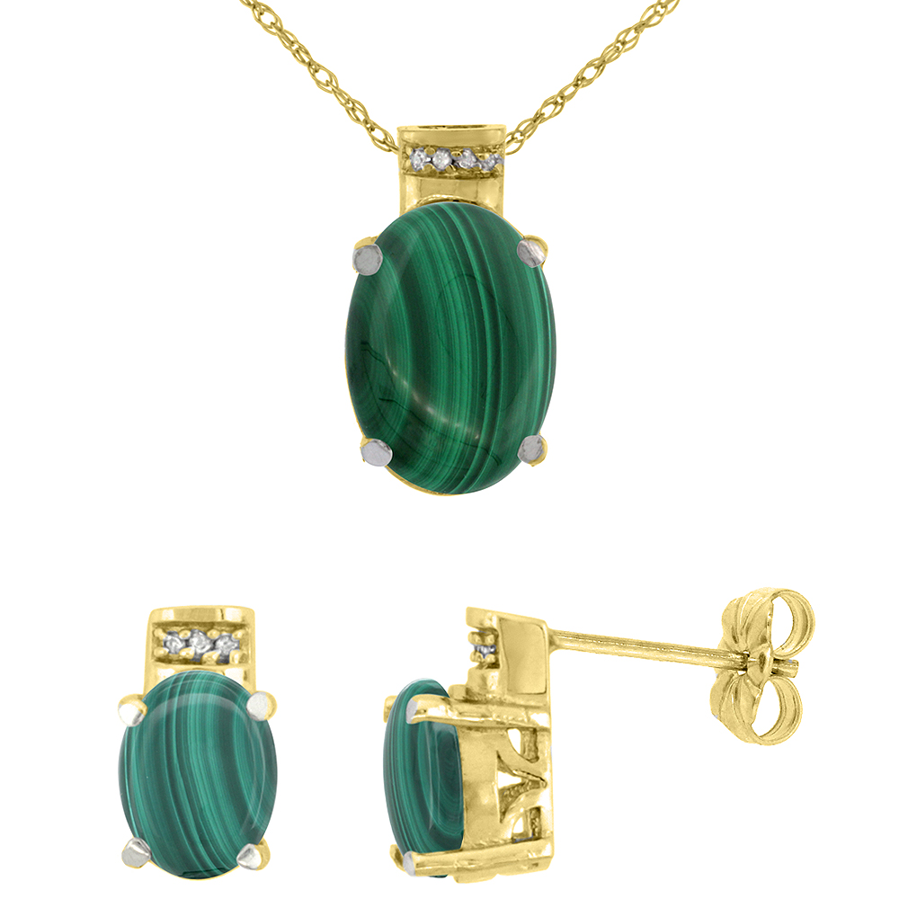 10K Yellow Gold Diamond Natural Oval Malachite Earrings & Pendant Set