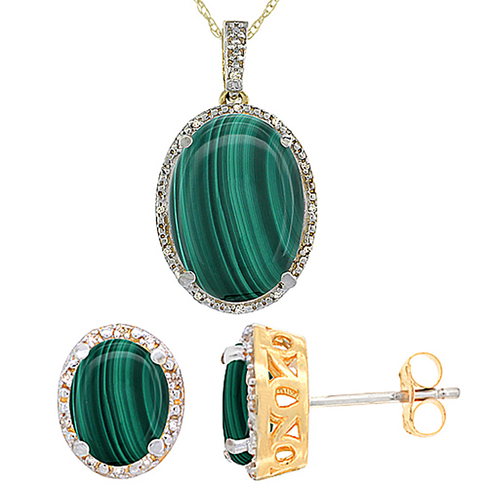 10K Yellow Gold Diamond Natural Oval Malachite Earrings & Pendant Set