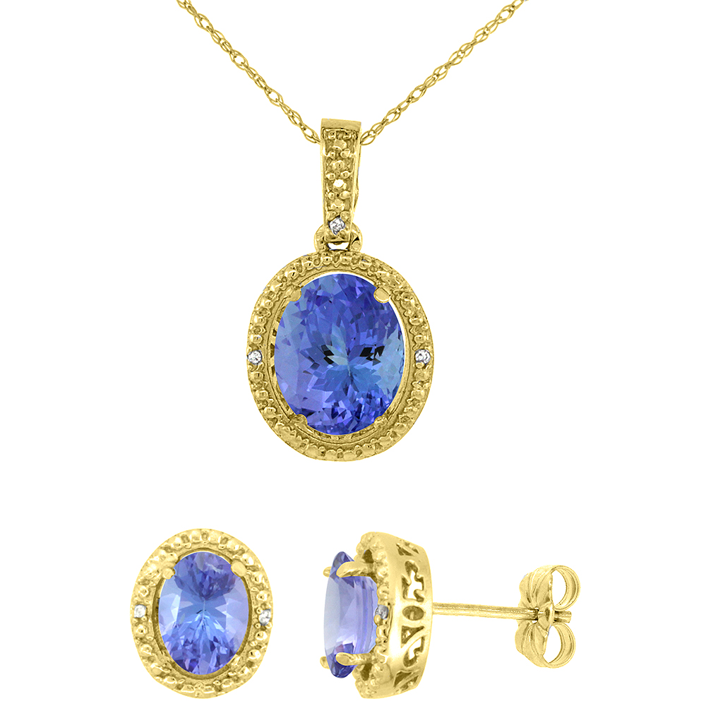 10K Yellow Gold Diamond Natural Tanzanite Oval Earrings & Pendant Set