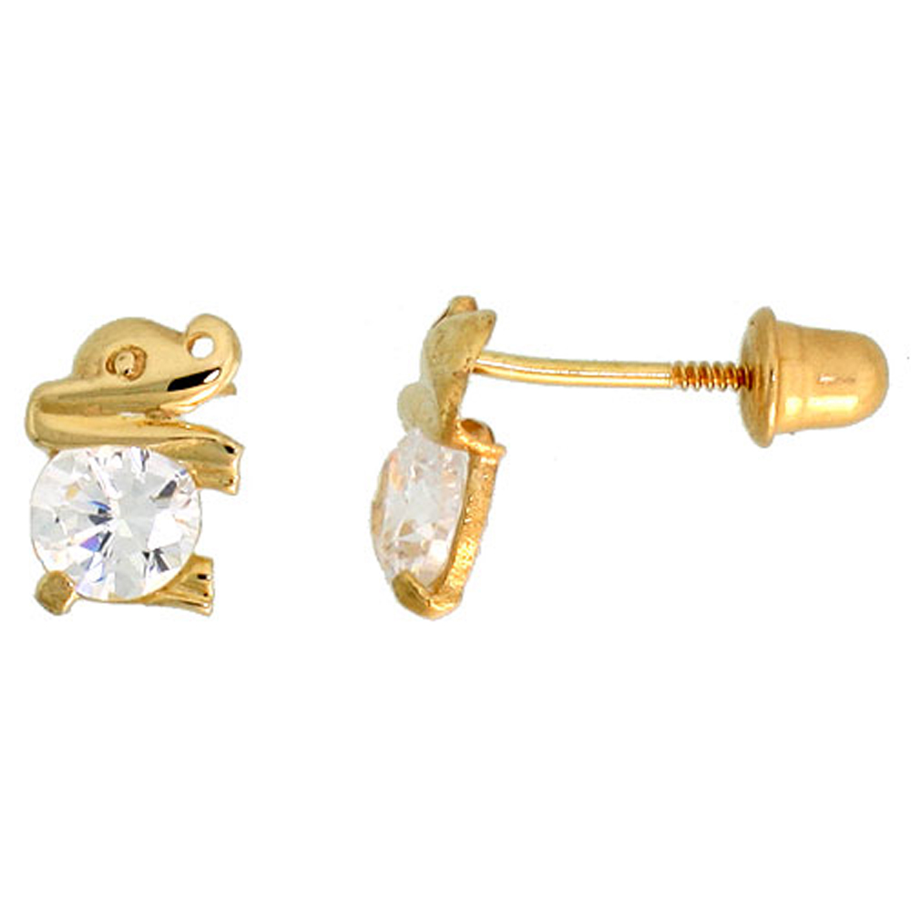 14k Gold Tiny Elephant Stud Earrings White Cubic Zirconia Stones, 1/4 inch (7mm) 