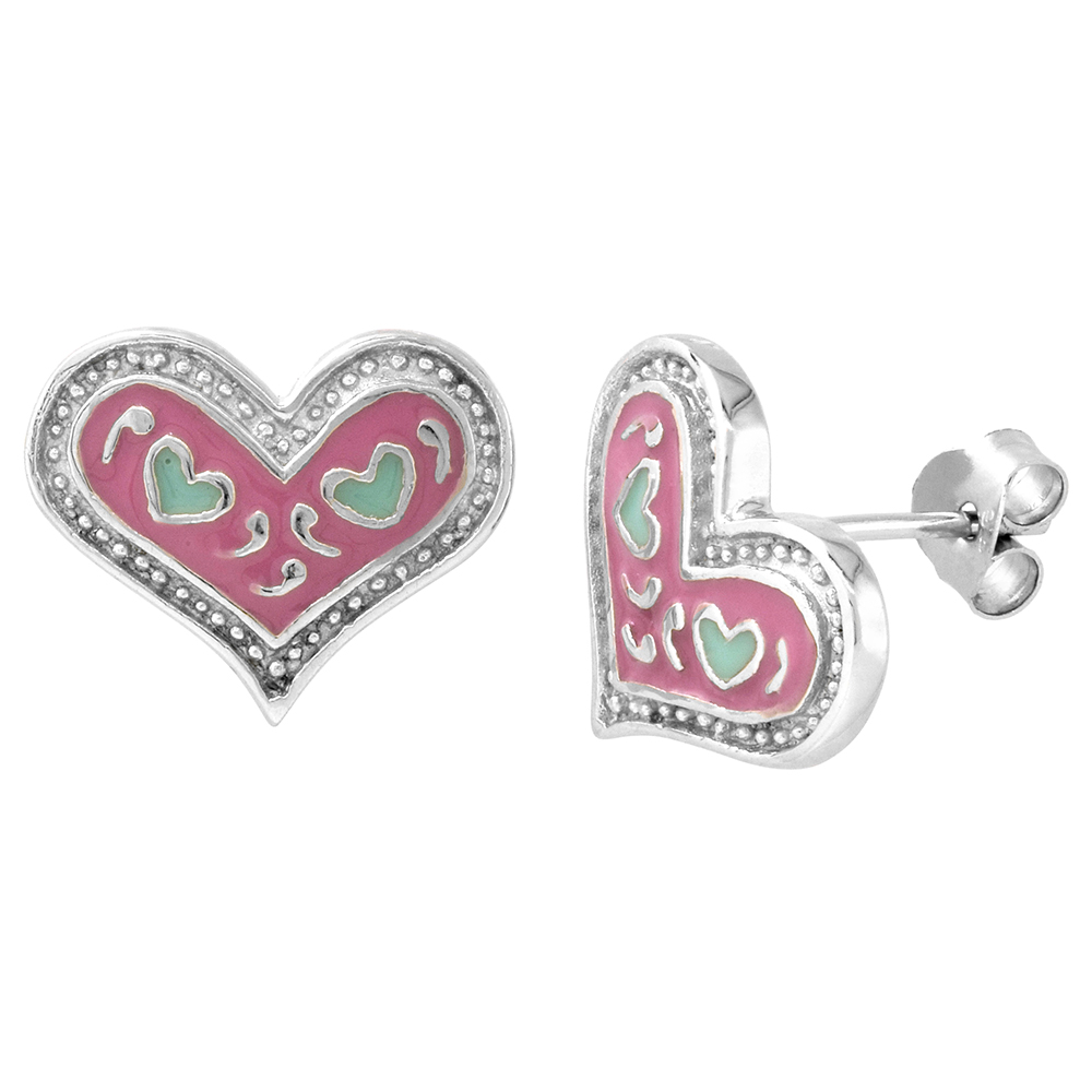 Sterling Silver Heart Post Earrings Light Green on Pink Enamel Rhodium finish 5/8 inch