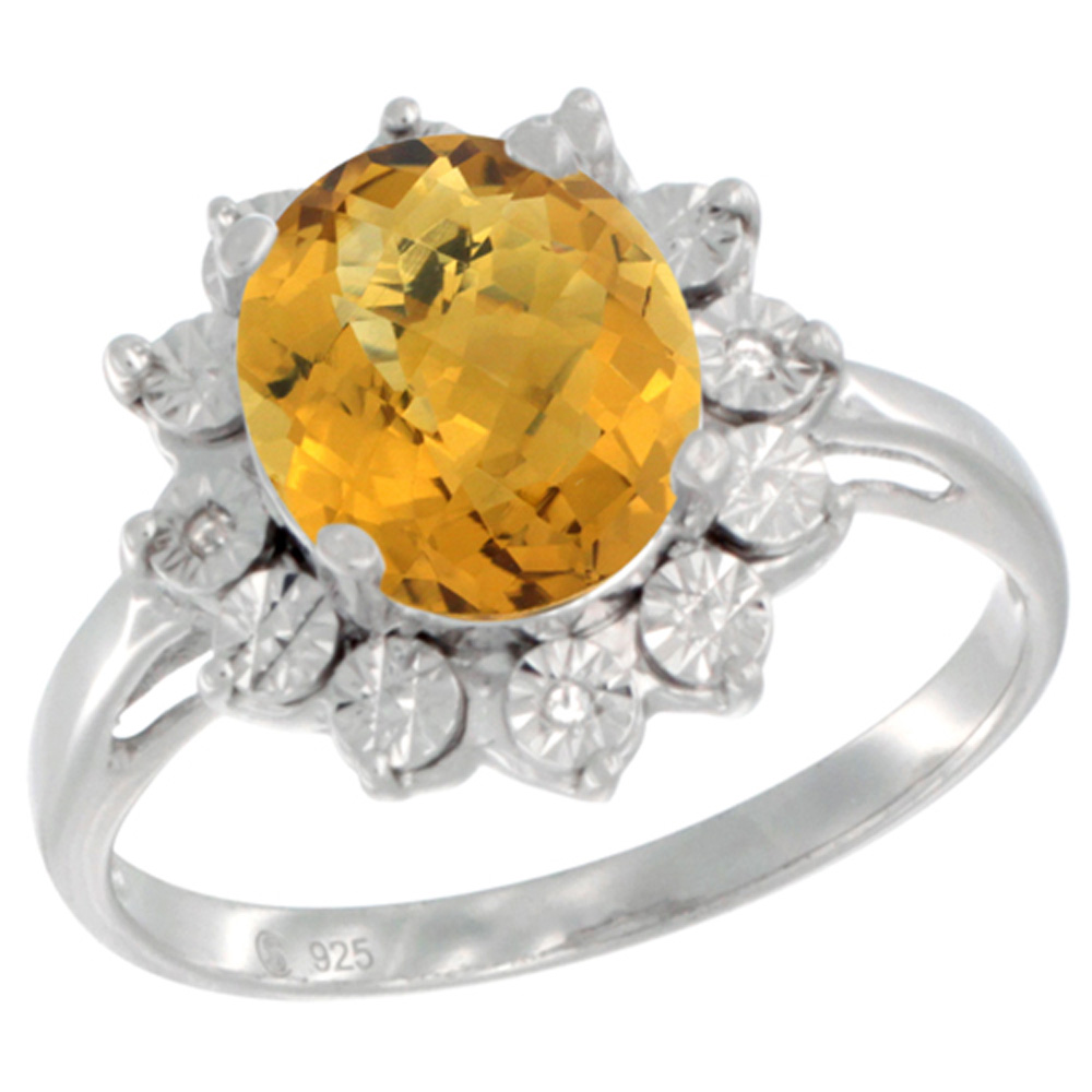 Sterling Silver Natural Whisky Quartz Ring Oval 10x8, Diamond Accent, sizes 5 - 10