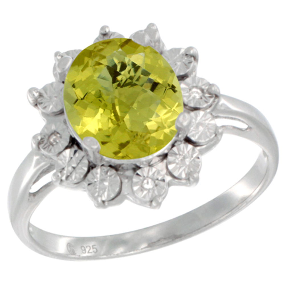 Sterling Silver Natural Lemon Quartz Ring Oval 10x8, Diamond Accent, sizes 5 - 10