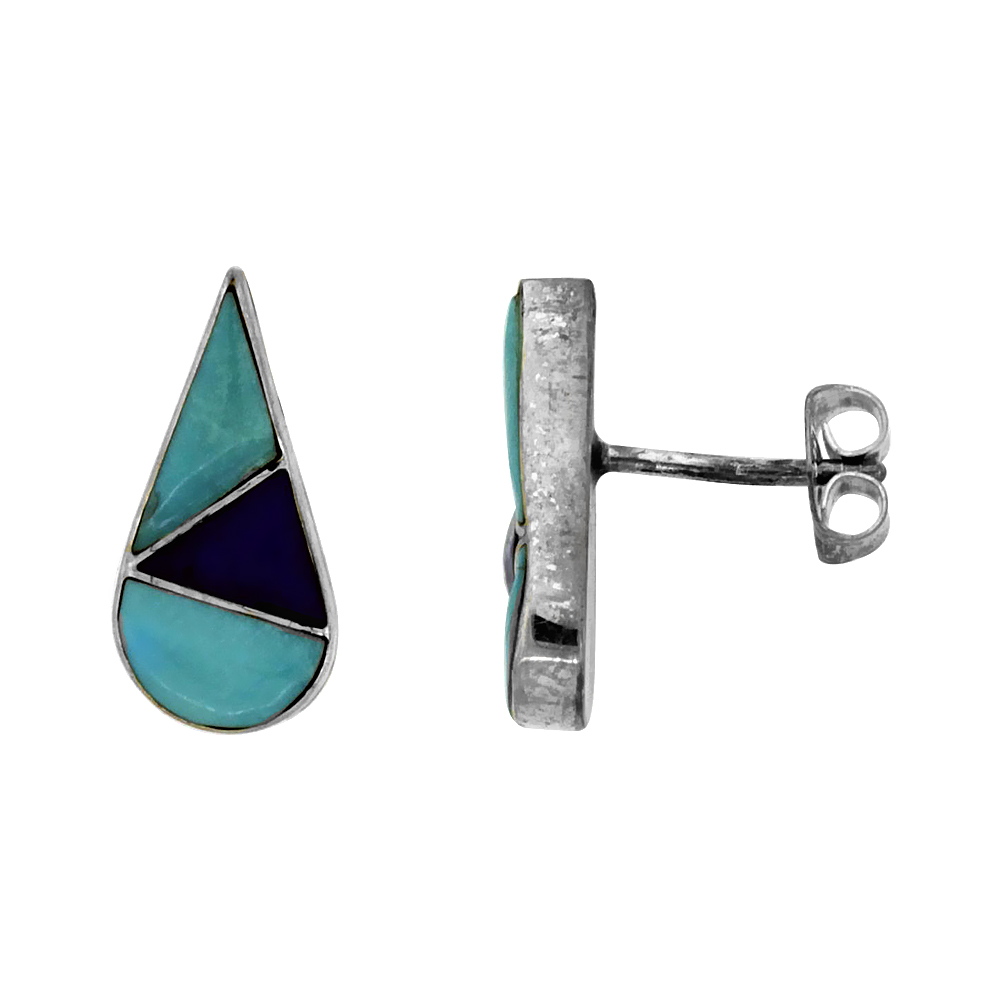 Sterling Silver Handcrafted Blue Turquoise Teardrop Stud Earrings (Genuine Zuni Tribe American Indian Jewelry) 5/8 in. (16 mm) t
