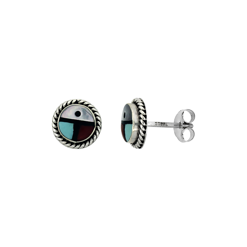 Sterling Silver Handcrafted Multi Color Round Stud Earrings (Genuine Zuni Tribe American Indian Jewelry) w/ Rope Edge Design 5/1