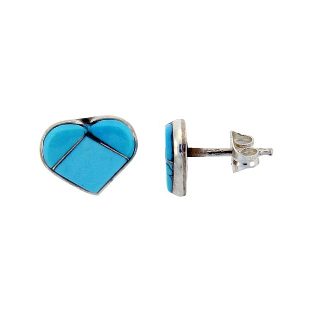 Sterling Silver Handcrafted Blue Turquoise Stud Earrings (Genuine Zuni Tribe American Indian Jewelry) 1 in. (25 mm)