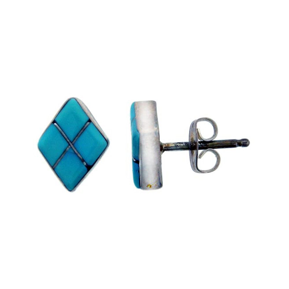 Sterling Silver Handcrafted Blue Turquoise Stud Earrings (Genuine Zuni Tribe American Indian Jewelry) 1 in. (25 mm)