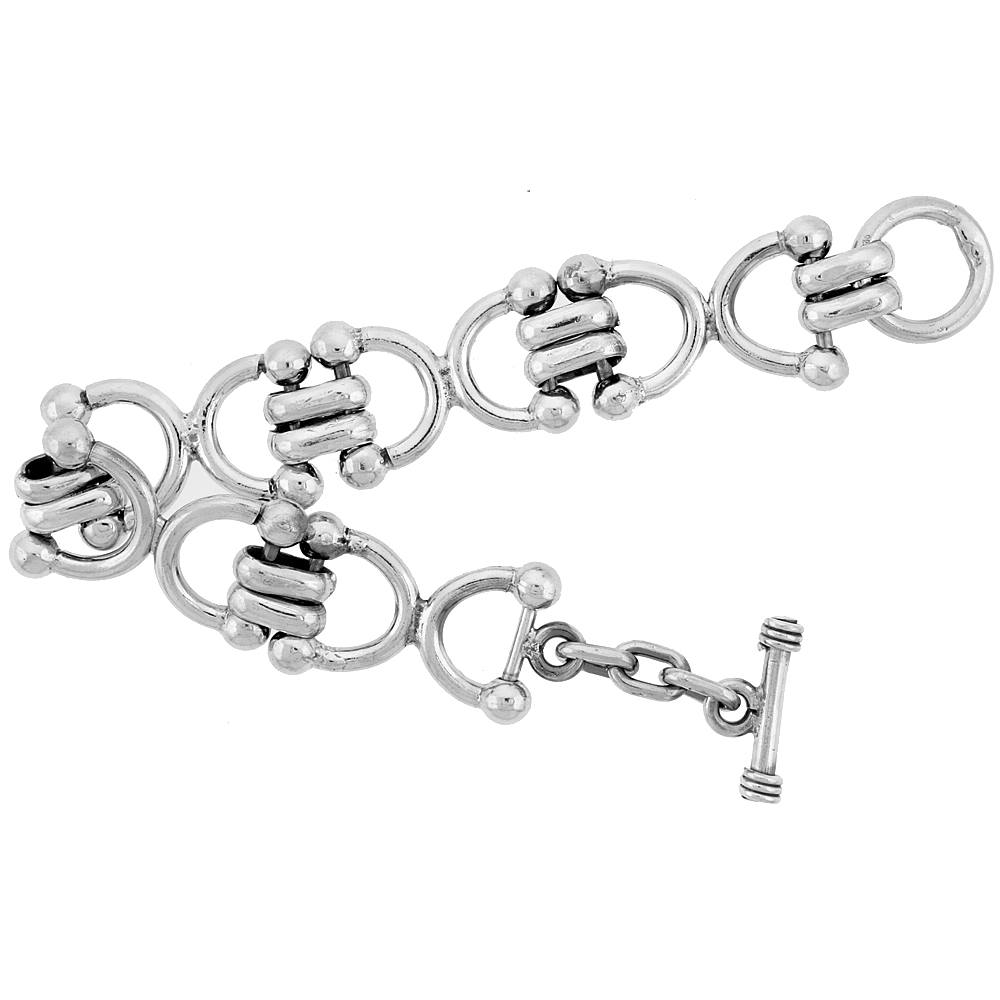 Sterling Silver Horseshoe Link Bracelet Toggle Clasp Handmade 3/4 inch wide, sizes 8, 8.5 & 9 inch