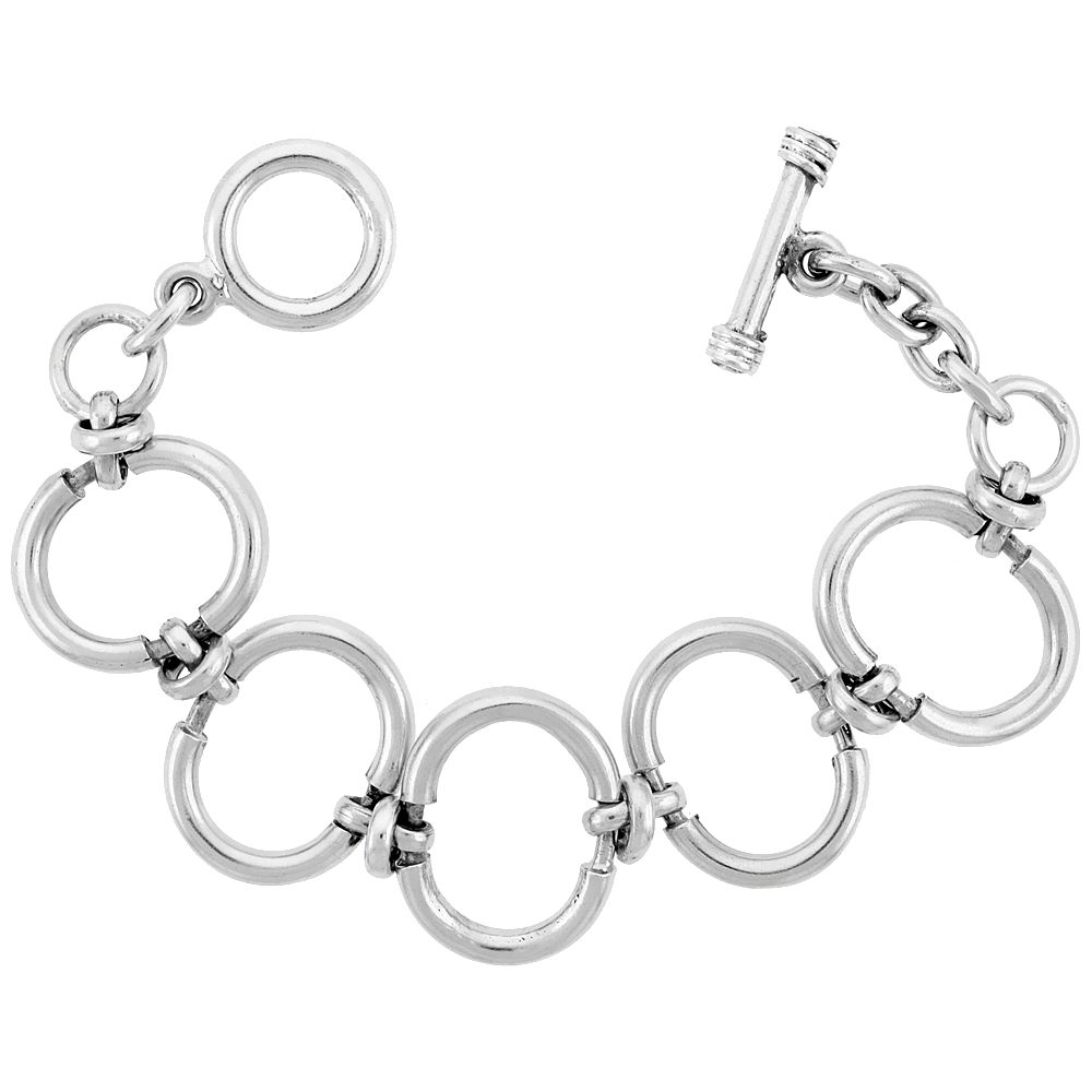 Sterling Silver Oval Cut-out Link Bracelet Toggle Clasp Handmade 1 inch wide, sizes 8, 8.5 & 9 inch