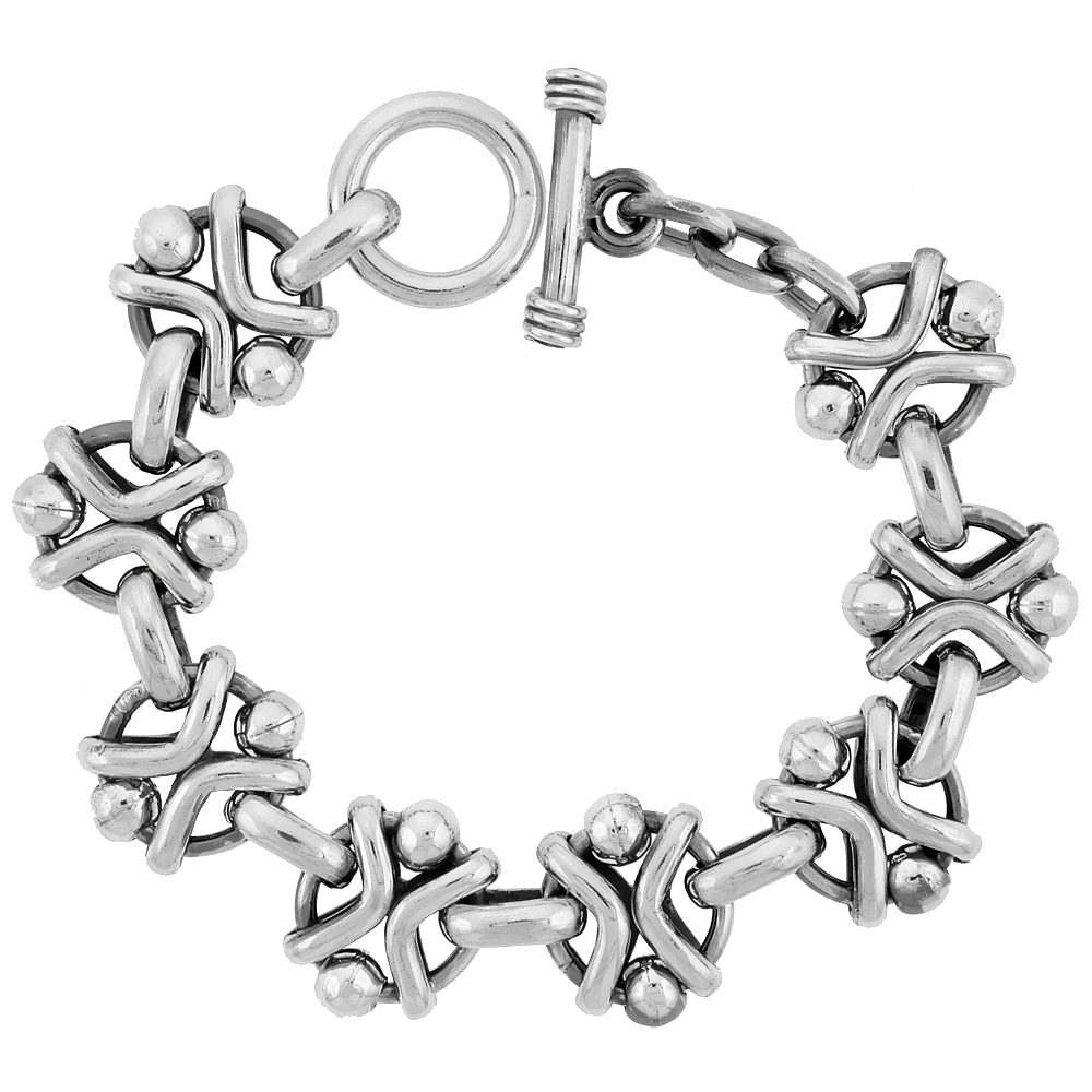 Sterling Silver Beaded Circles Link Bracelet Toggle Clasp Handmade 3/4 inch wide, sizes 8, 8.5 & 9 inch