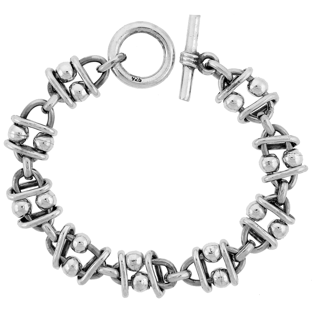 Sterling Silver Beaded Oval Link Bracelet Toggle Clasp Handmade 5/8 inch wide, sizes 8, 8.5 & 9 inch