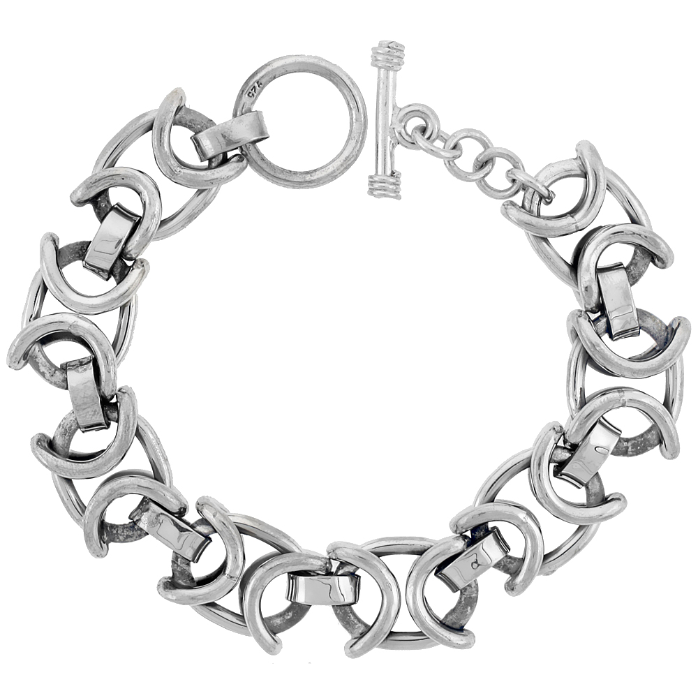 Sterling Silver Oval Link Bracelet Toggle Clasp Handmade 1/2 inch wide, sizes 8, 8.5 & 9 inch