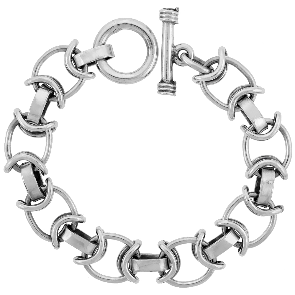 Sterling Silver Oval Link Bracelet Toggle Clasp Handmade 1/2 inch wide, sizes 8, 8.5 & 9 inch