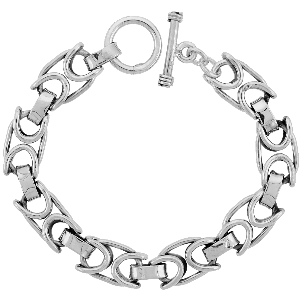 Sterling Silver Oval Link Bracelet Toggle Clasp Handmade 1/2 inch wide, sizes 8, 8.5 & 9 inch