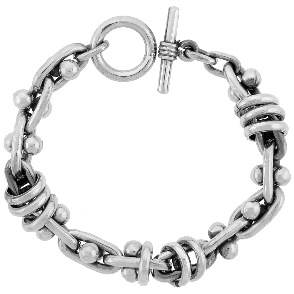 Sterling Silver Beaded Oval Link Bracelet Toggle Clasp Handmade 1/2 inch wide, sizes 8, 8.5 & 9 inch