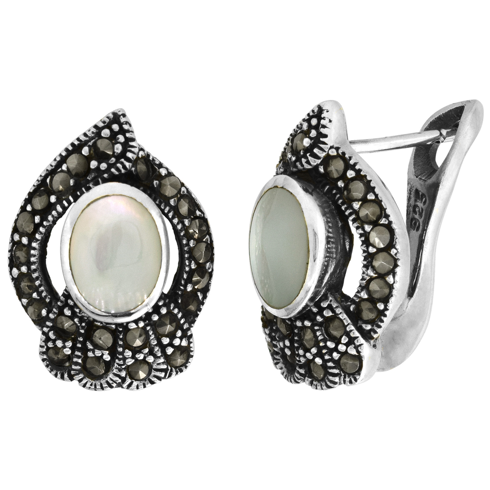 Sterling Silver Mother of Pearl Marcasite Clip Earrings Teardrop, 1/2 inch wide