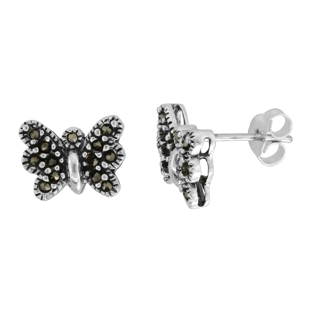 Sterling Silver Butterfly Marcasite Stud Earrings Small, 7/16 inch wide
