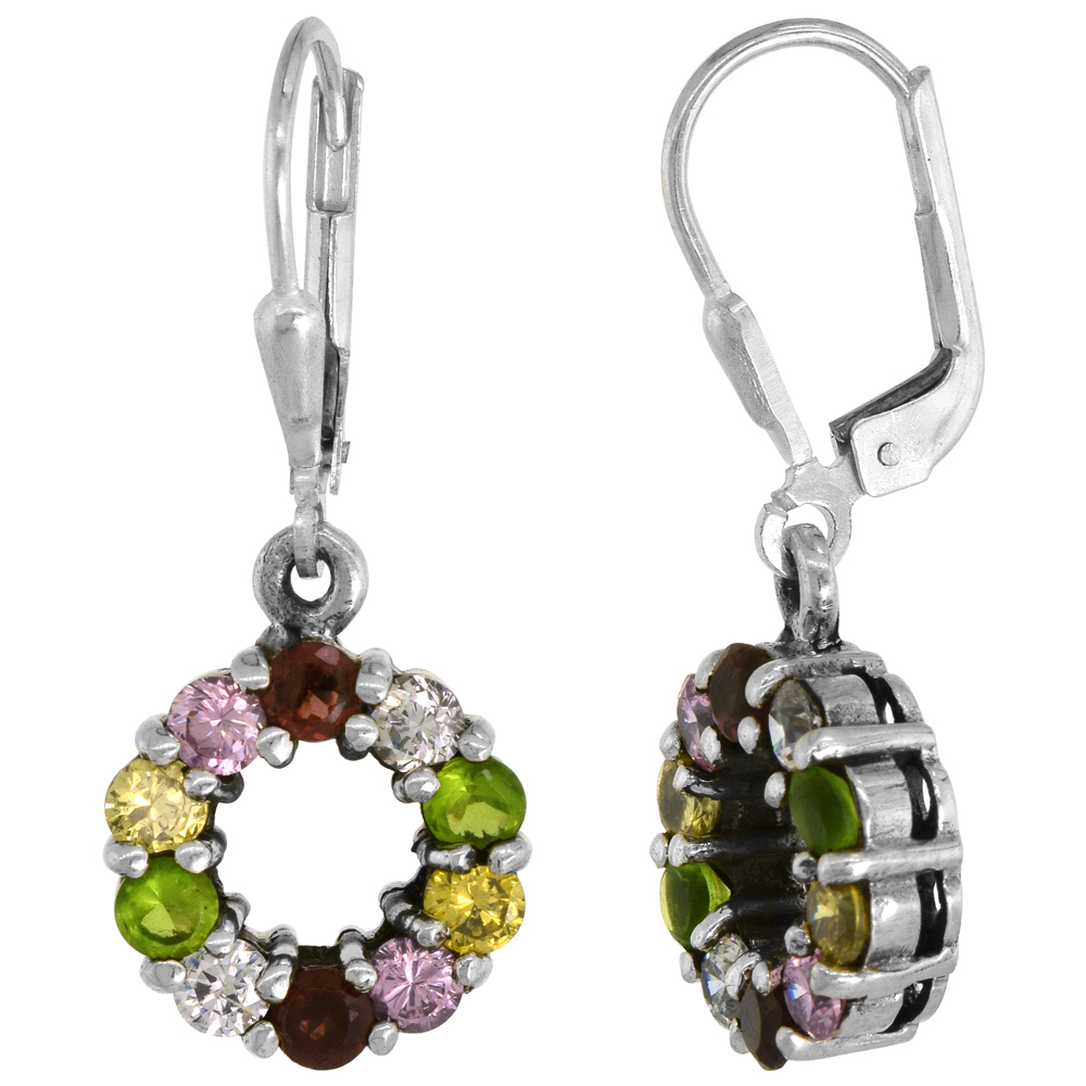 Sterling Silver Multicolor Cubic Zirconia Wreath Leverback Earrings, 1/2 inch wide