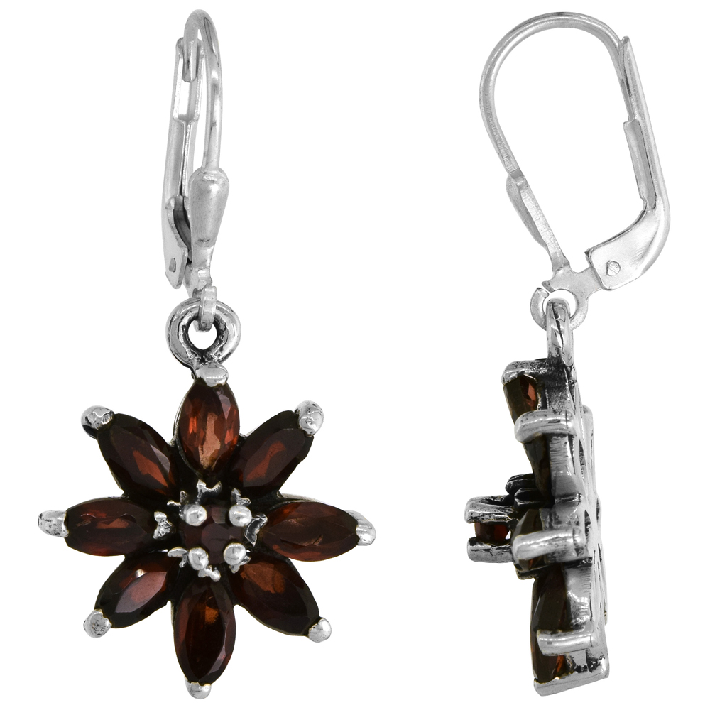 Sterling Silver Red Cubic Zirconia Flower Leverback Earrings, 11/16 inch wide