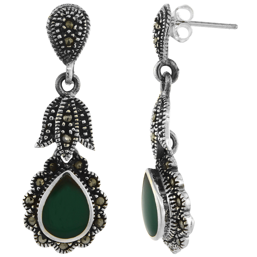 Sterling Silver Green Teardrop Marcasite Dangle Earrings, 1 1/2 inch long