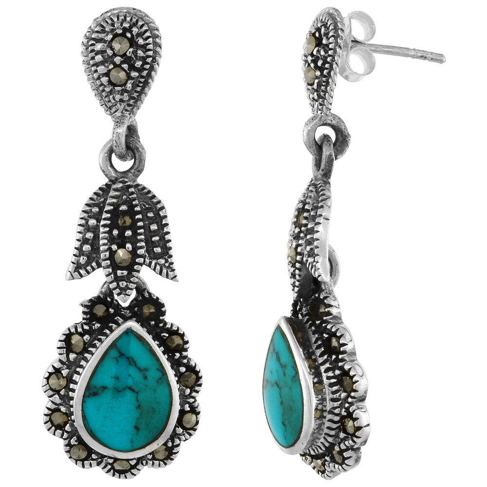 Sterling Silver Turquoise Teardrop Marcasite Dangle Earrings, 1 1/2 inch long
