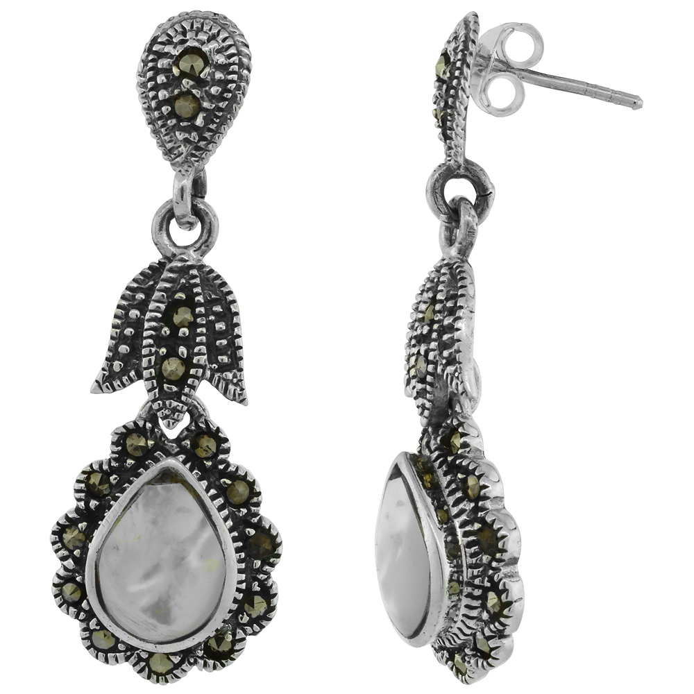 Sterling Silver Mother of Pearl Teardrop Marcasite Dangle Earrings, 1 1/2 inch long