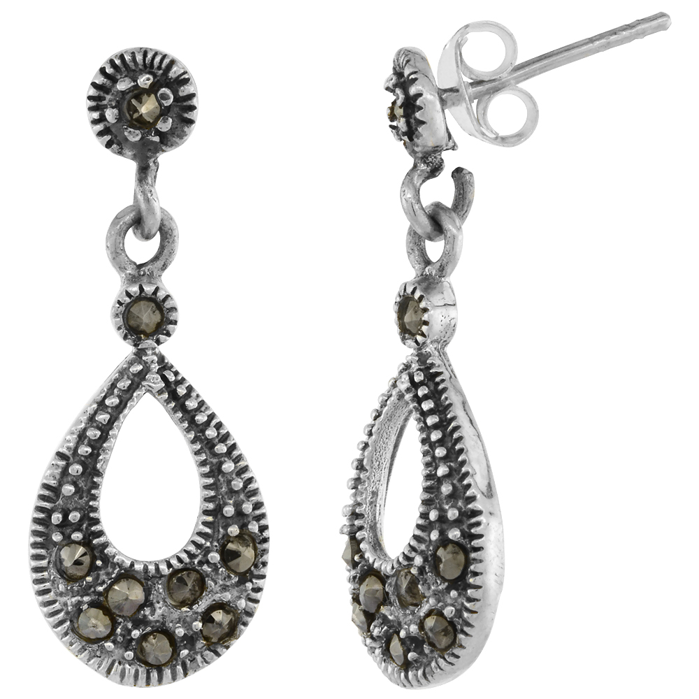 Sterling Silver Teardrop Plain Marcasite Dangle Earrings, 1 1/16 inch long