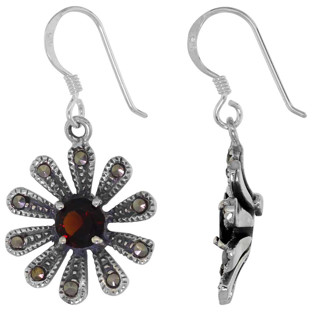 Sterling Silver Cubic Zirconia Garnet Daisy Marcasite Dangle Earrings, 1 3/8 inch long