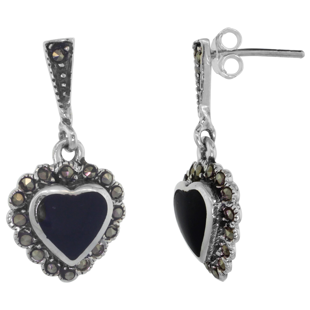 Sterling Silver Black Onyx Heart Marcasite Drop Earrings, 1 1/16 inch long