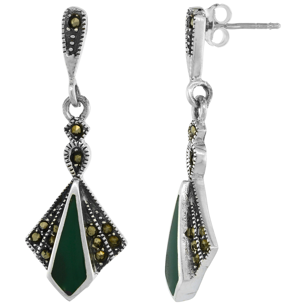 Sterling Silver Tie shape Green Marcasite Dangle Earrings, 1 1/2 inch long