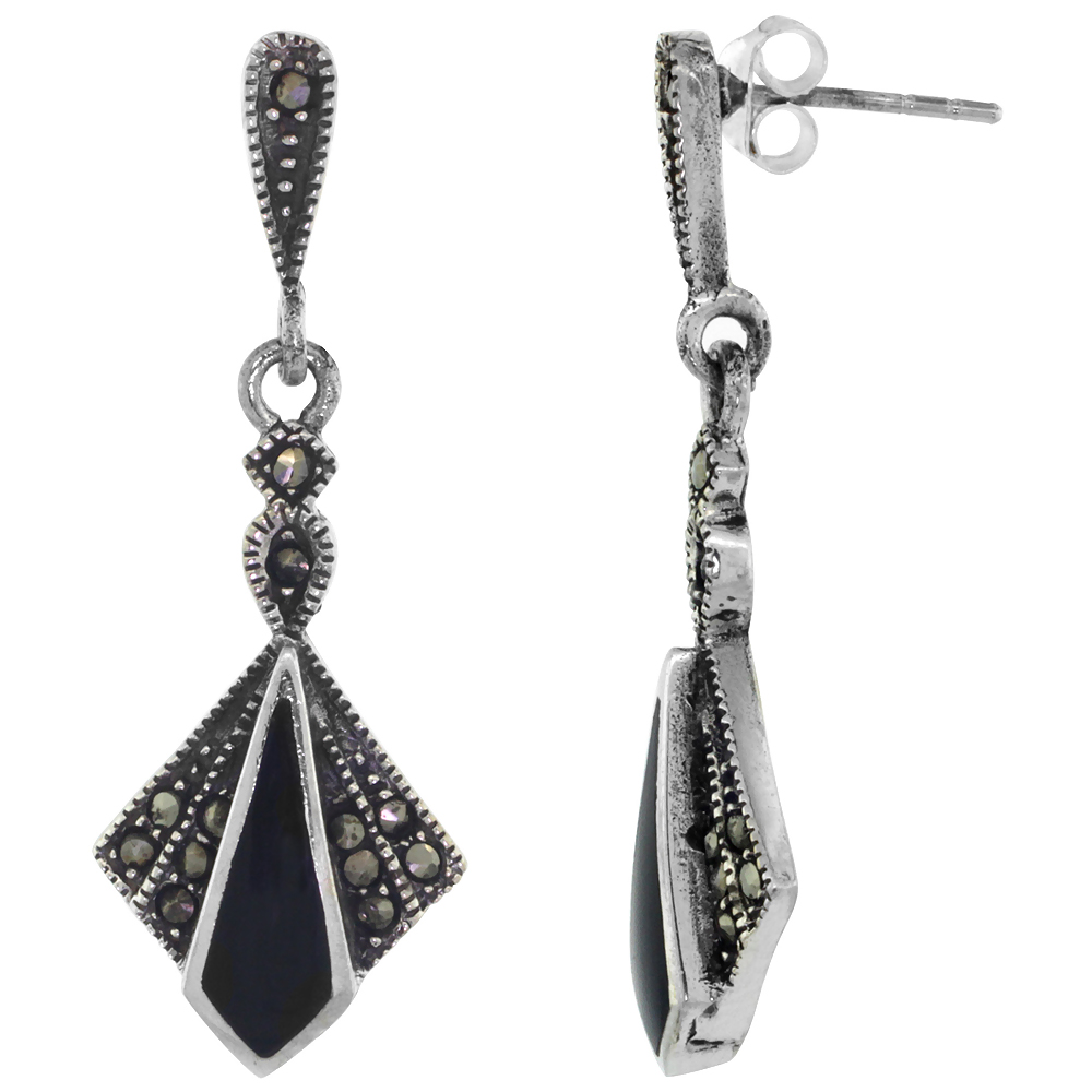 Sterling Silver Black Onyx Marcasite Dangle Earrings, 1 1/2 inch long