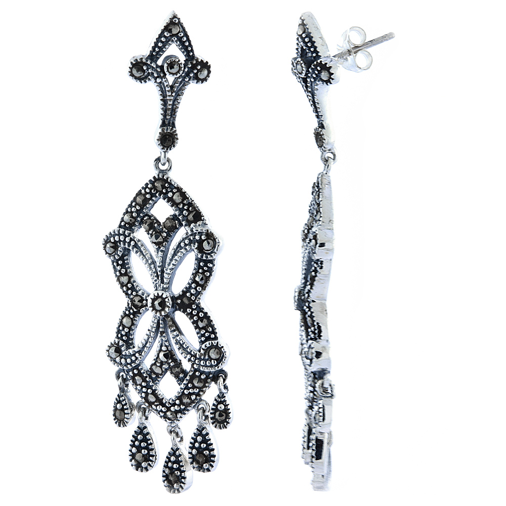 Sterling Silver Marcasite Chandelier Earrings Art Nouveau  2 3/8 inch long