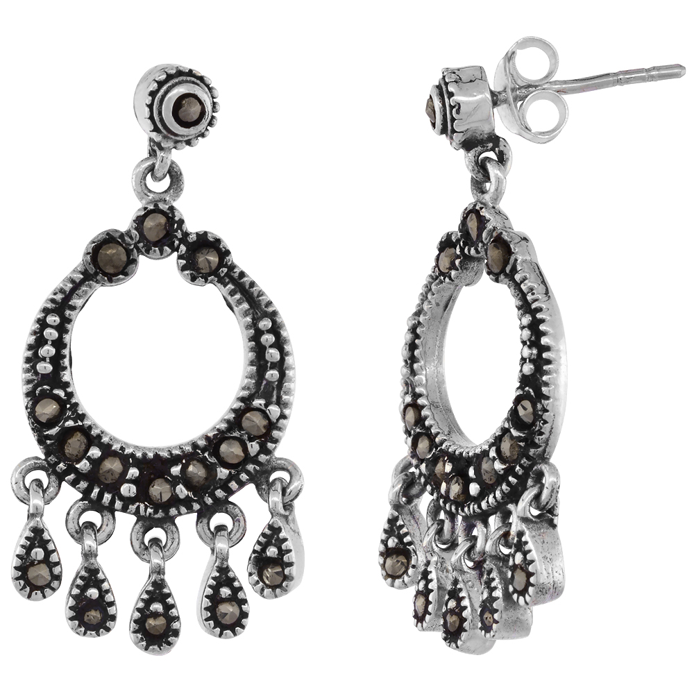 Sterling Silver Marcasite Chandelier Earrings Circle with Teardrops 1 1/4 inch long