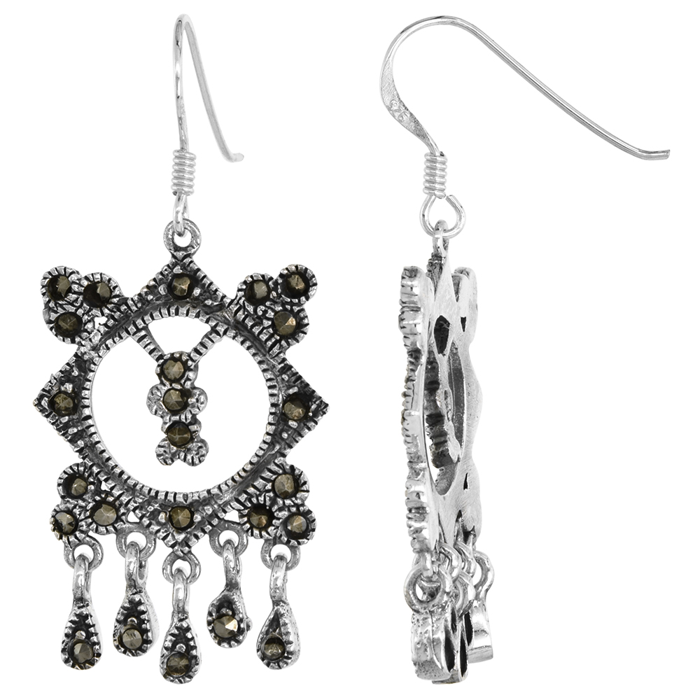 Sterling Silver Marcasite Chandelier Earrings Square 1 inch long