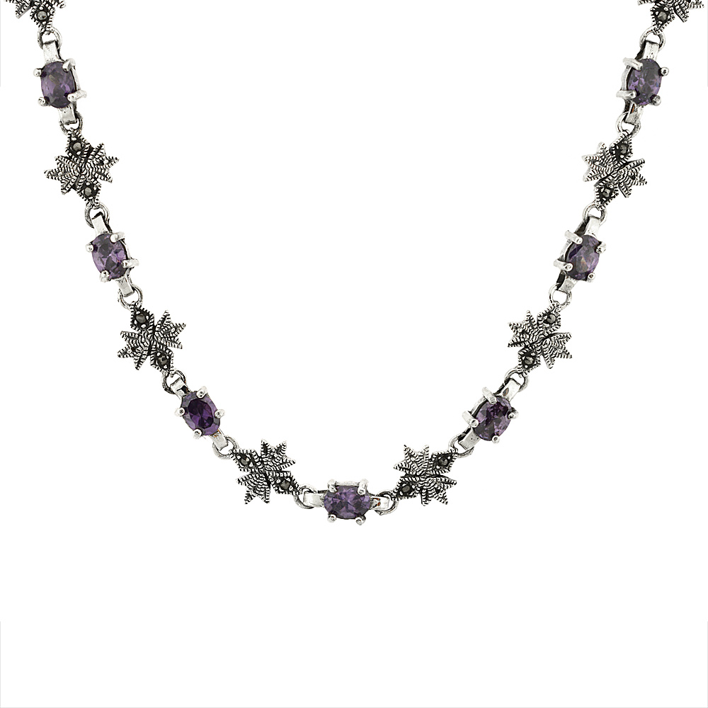 Sterling Silver Cubic Zirconia Amethyst Flower Marcasite Necklace, 16 inch long