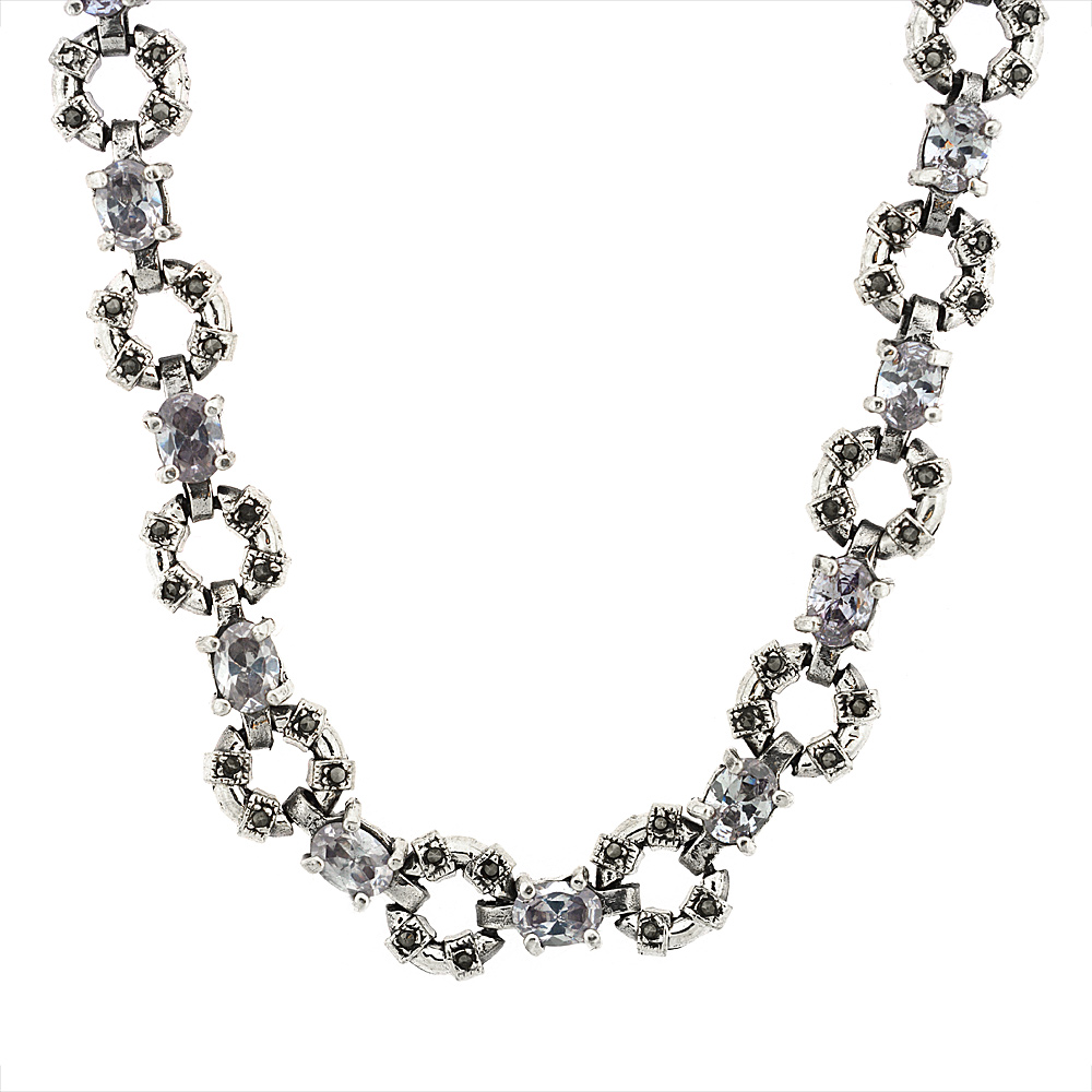 Sterling Silver Cubic Zirconia Alexandrite Donut Marcasite Necklace, 16 inch long