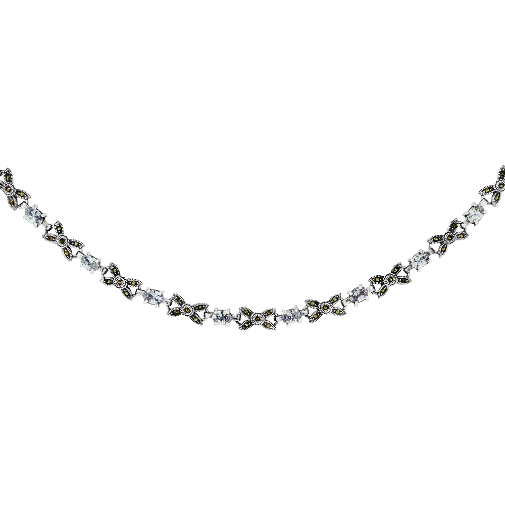 Sterling Silver Cubic Zirconia Lavender Bow Marcasite Necklace, 16 inches long