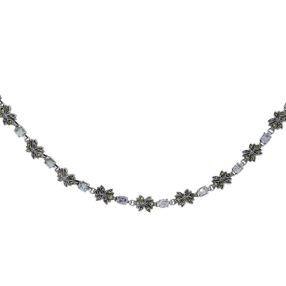 Sterling Silver Cubic Zirconia Lavender Flower Marcasite Necklace, 16 inches long